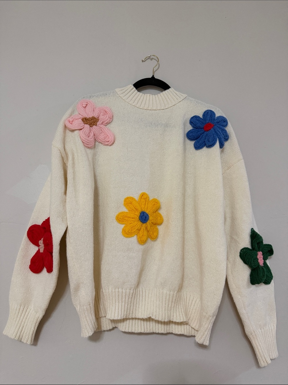 Cream Floral Appliqué Sweater - Women's Cozy Knit
